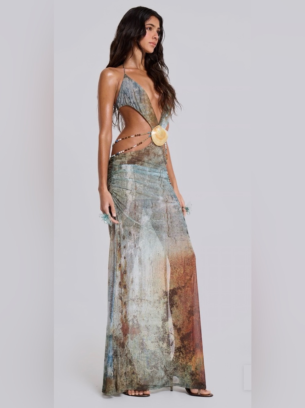 Jaded London Vida Backless Plunge Maxi Dress with Shell Trim sz XS
